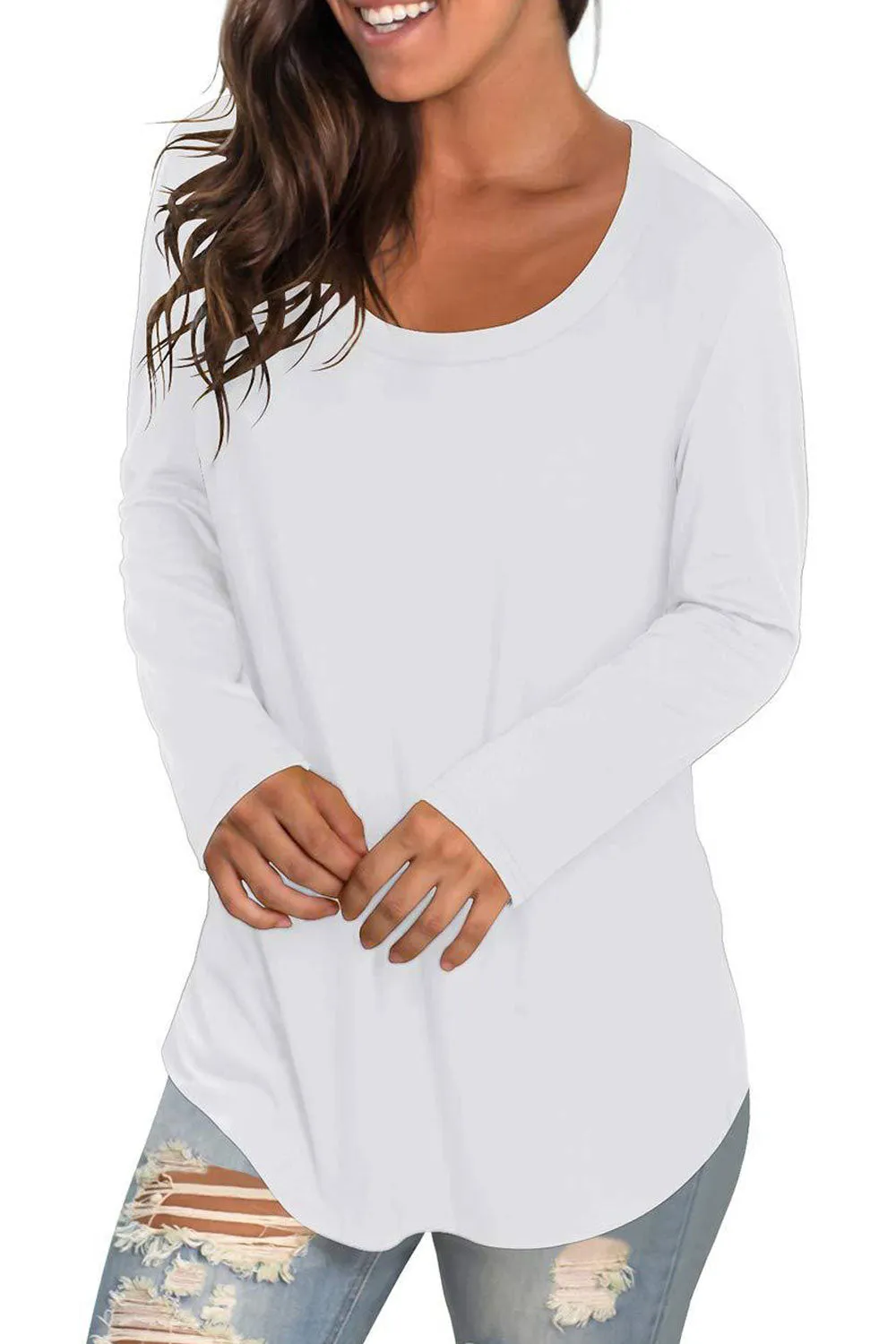 Women Relaxable Solid Pattern Round Neck Comfy Long Sleeve Casual T-Shirt - WSB9592