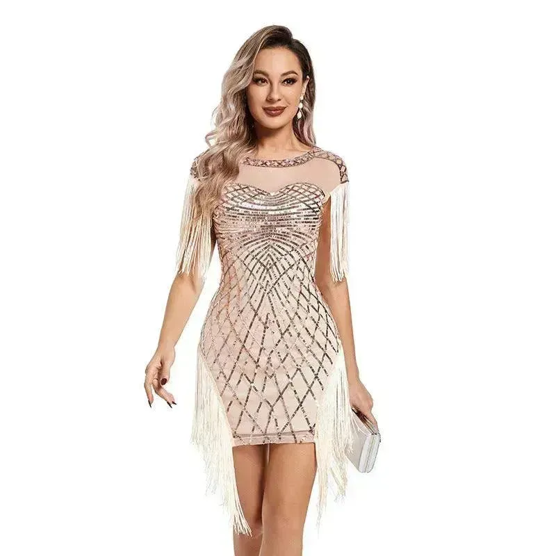 Women Sequined Vintage Party Nightclub Embroidery Mini Dress