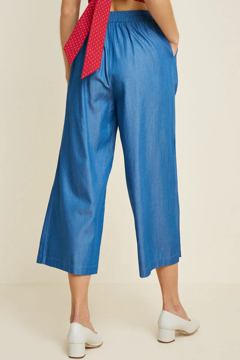 Womens Cropped Wide-Leg Chambray Culottes