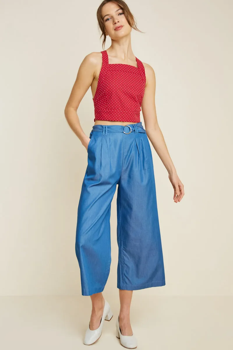 Womens Cropped Wide-Leg Chambray Culottes