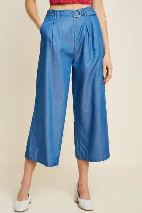 Womens Cropped Wide-Leg Chambray Culottes