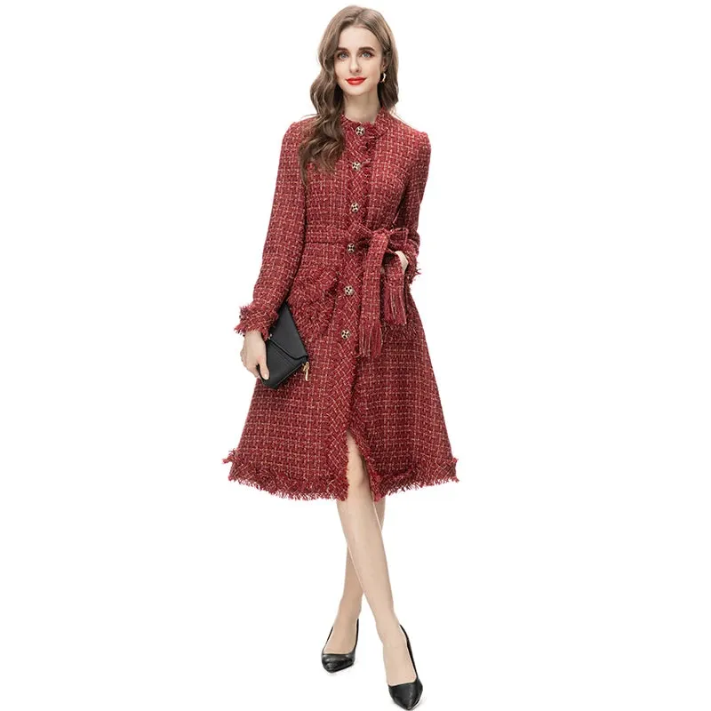 Women's Elegant Burgundy Tweed Long Coat