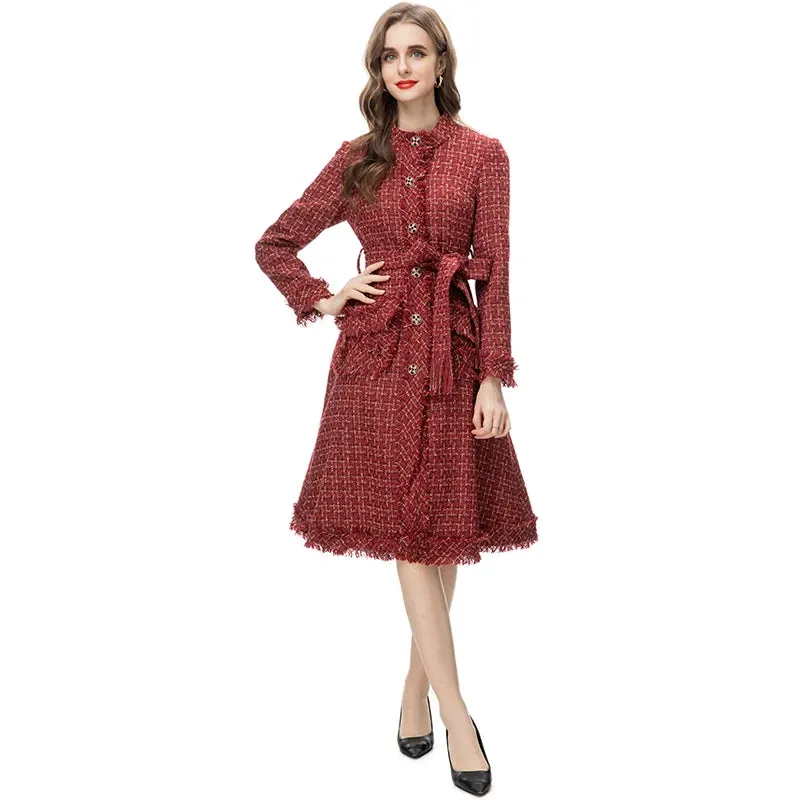 Women's Elegant Burgundy Tweed Long Coat