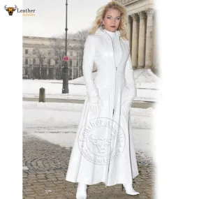 Womens Ladies Real Nappa Leather Long White Leather Dress Gown Suit Gothic Trench Coat