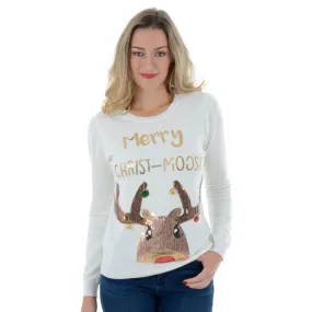 Womens Novelty Sequin Merry Christ-Moose Christmas Jumper