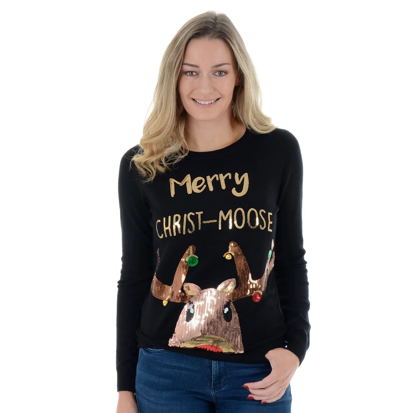 Womens Novelty Sequin Merry Christ-Moose Christmas Jumper