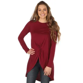 Wrangler Women's Long Sleeve Hi-Lo Knot Shirt Wine