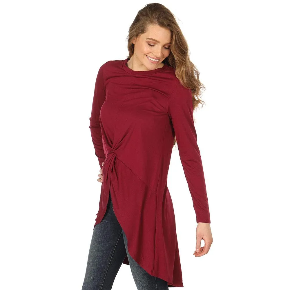 Wrangler Women's Long Sleeve Hi-Lo Knot Shirt Wine