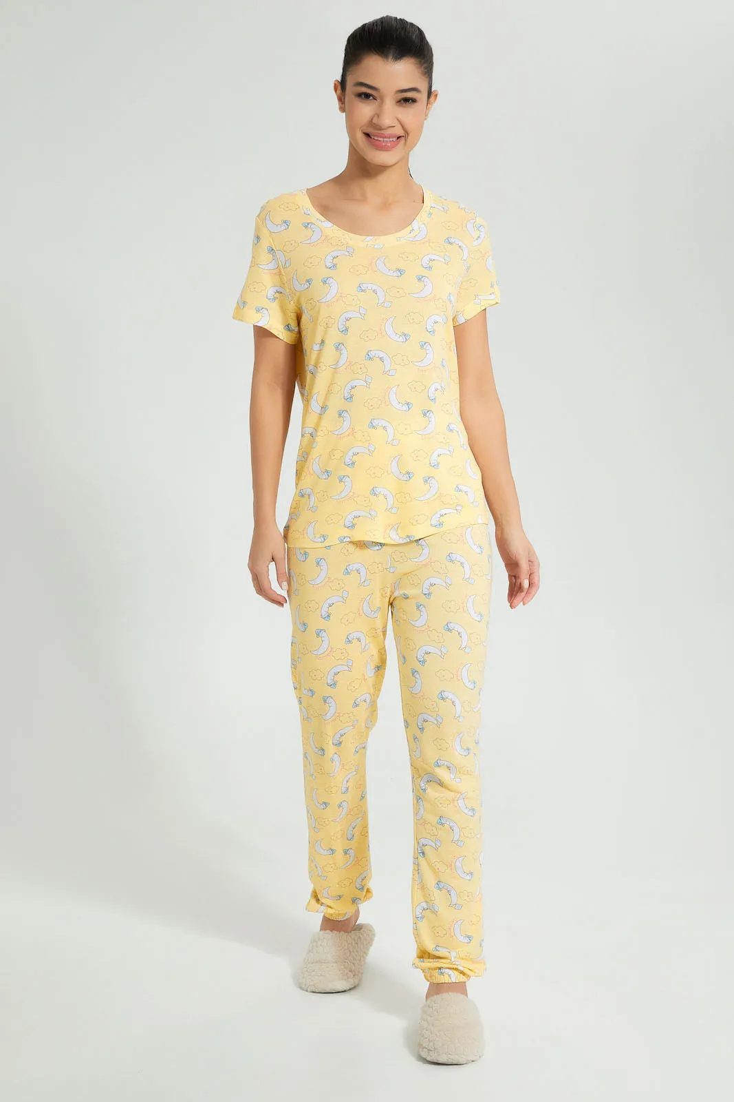 Yellow Allover Printed Pyjama Set (2 Piece)