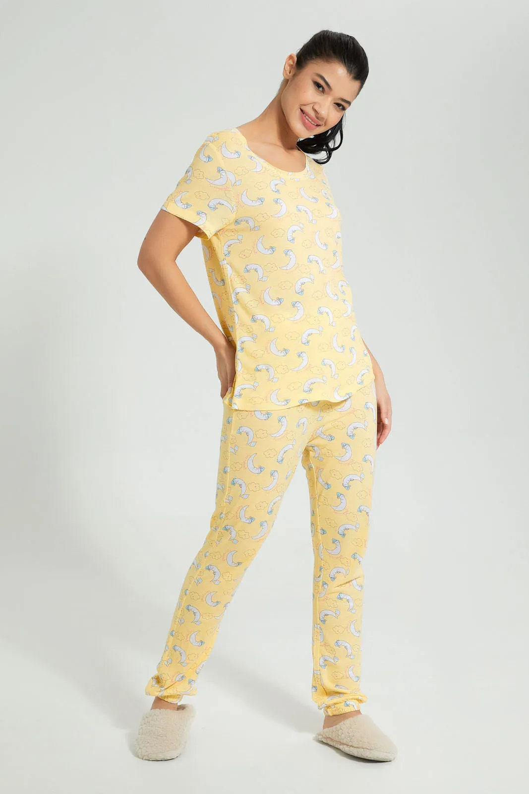 Yellow Allover Printed Pyjama Set (2 Piece)