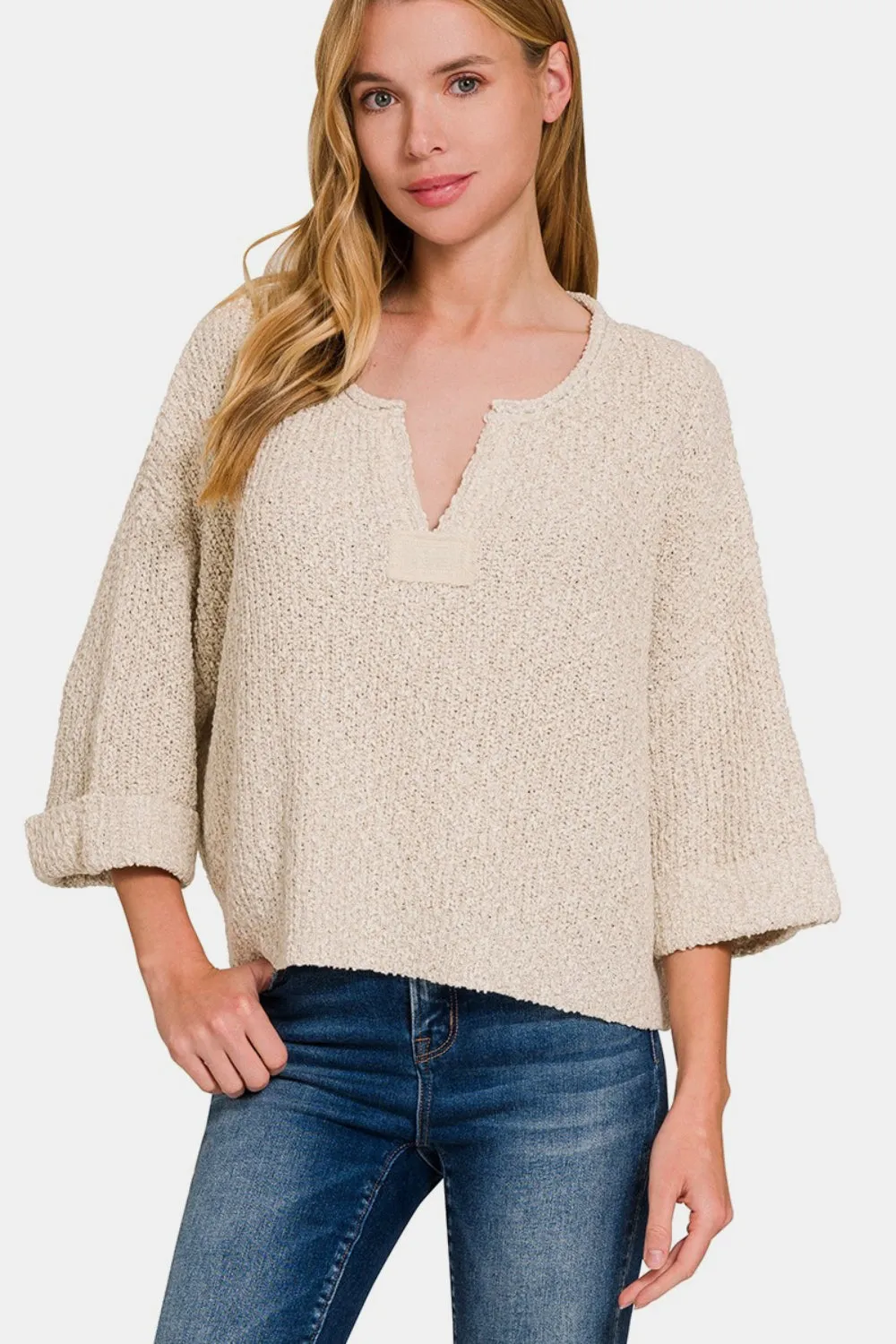 Zenana Notched Side Slit Patch Sweater Sand Beige