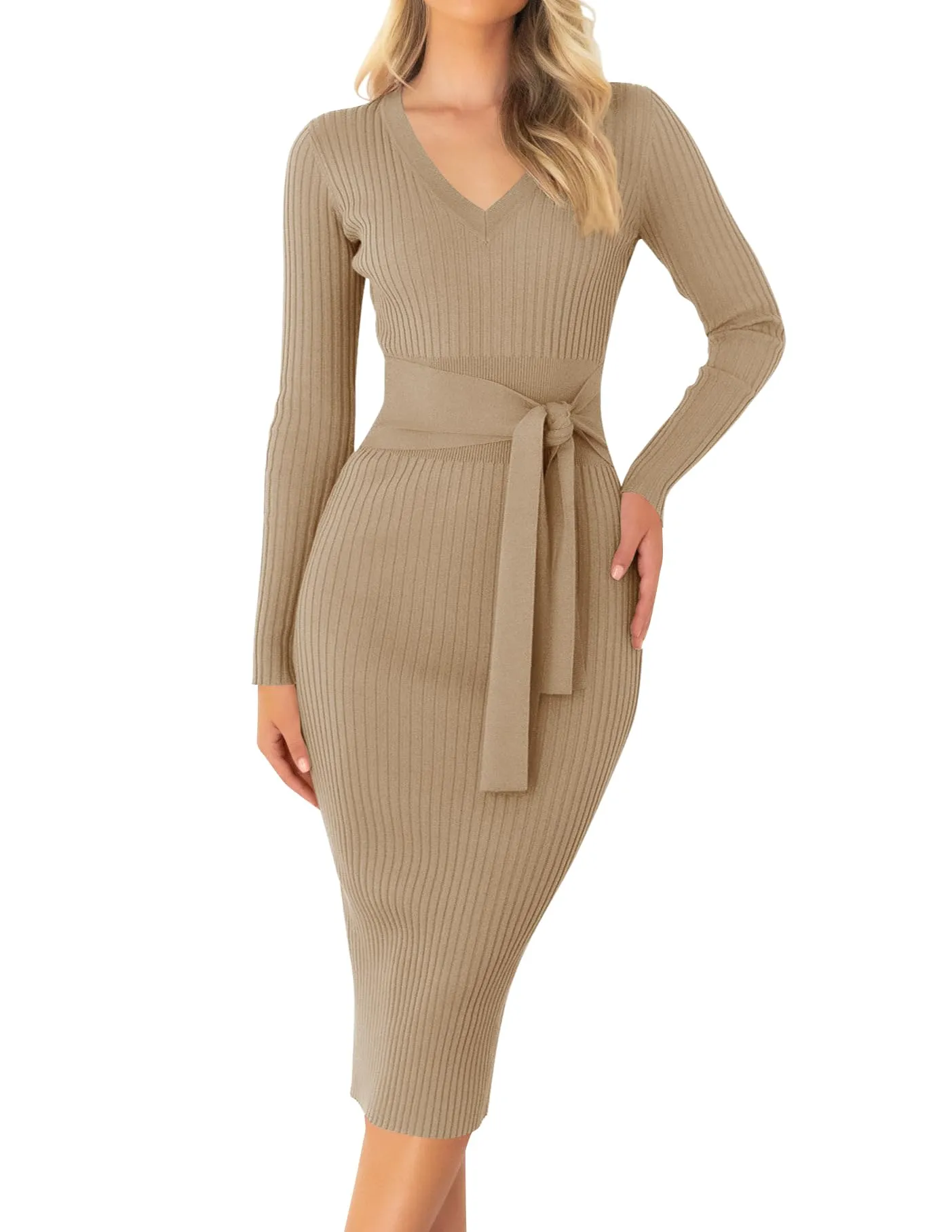 ZESICA Long Sleeve V Neck Tie Waist Ribbed Bodycon Midi Dress