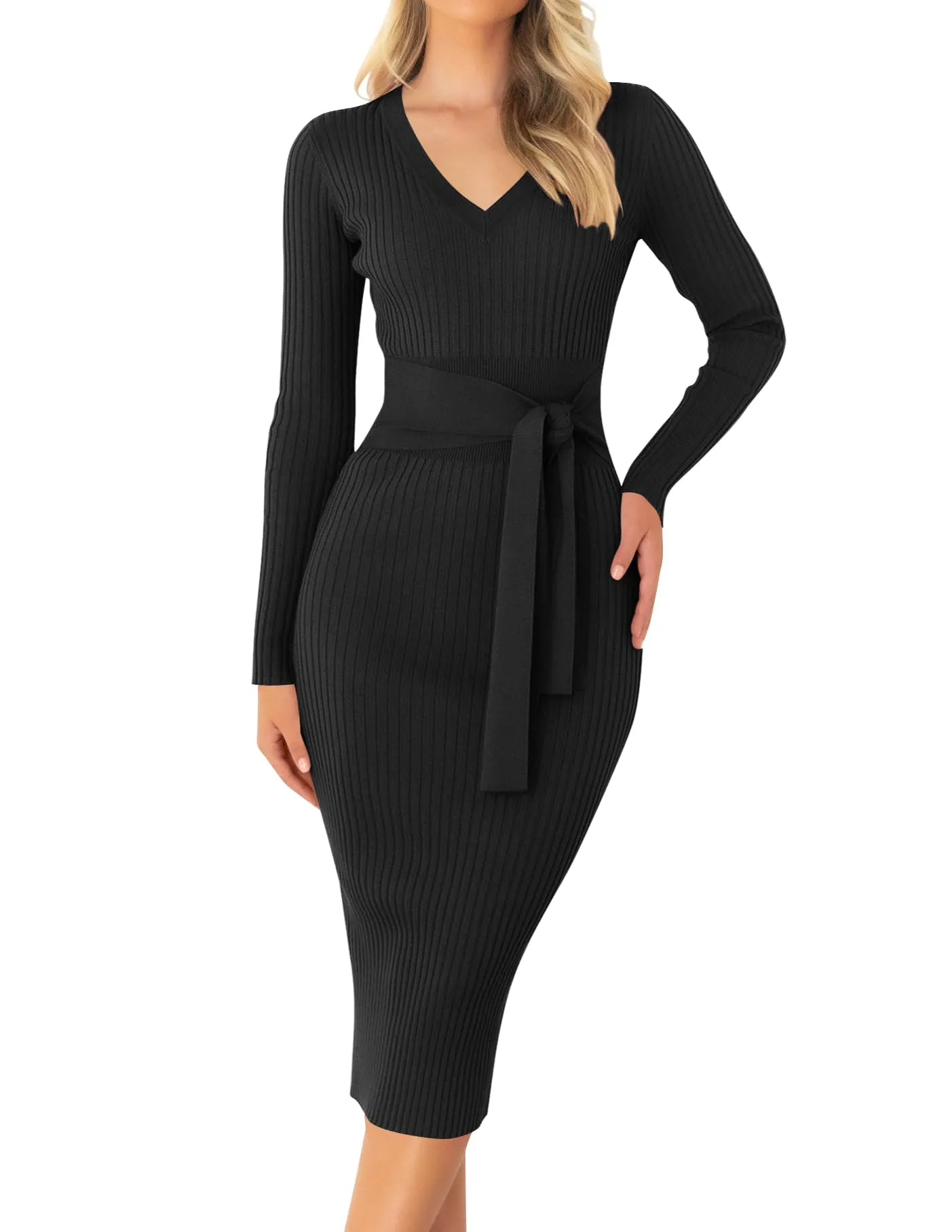 ZESICA Long Sleeve V Neck Tie Waist Ribbed Bodycon Midi Dress