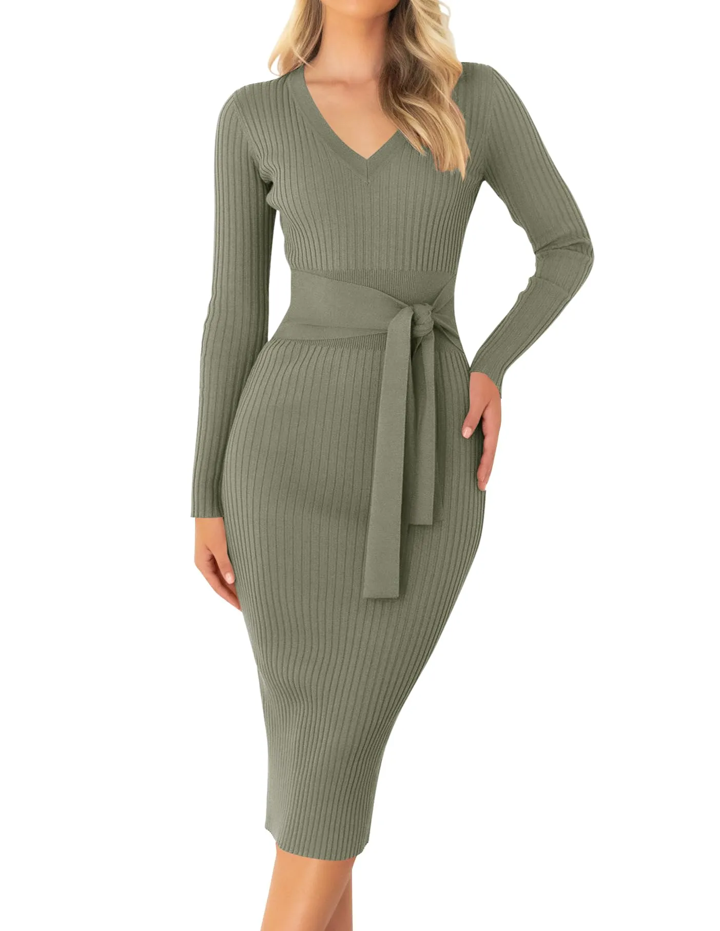 ZESICA Long Sleeve V Neck Tie Waist Ribbed Bodycon Midi Dress